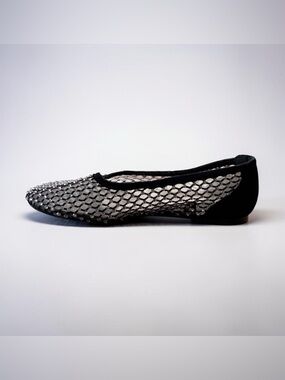 Zara, Rhinestone Mesh Ballet Flats Black Sheer Crystal Shoes, US 6